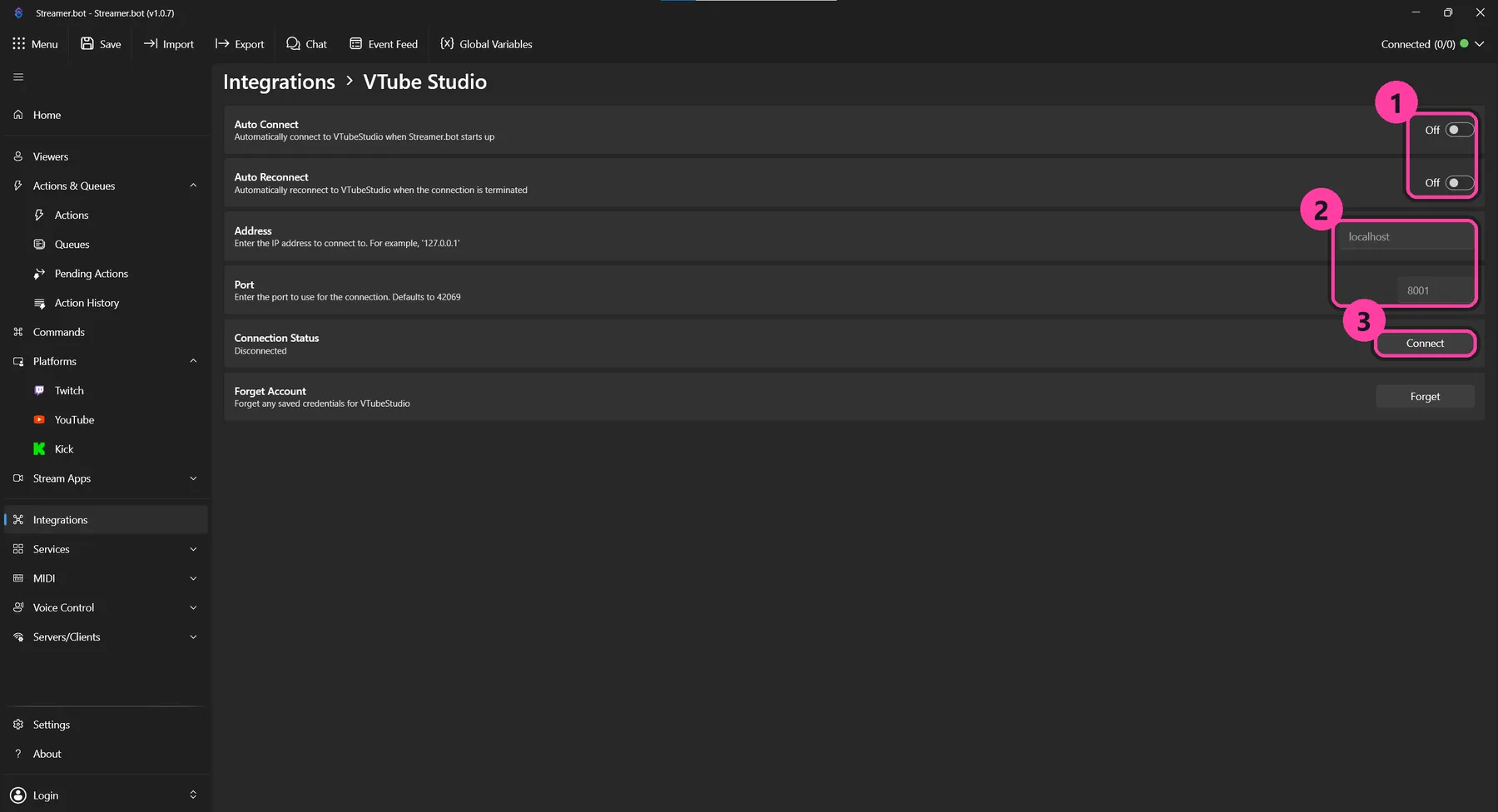 Настройки VTube Studio в Streamer.bot