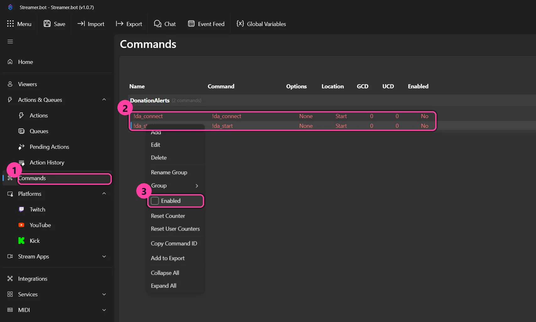 Включение команд da_connect и da_start