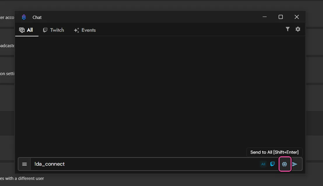 Команда !da_connect, отправленная в окне чата Streamer.bot